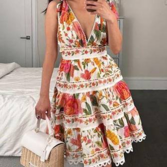 FARM Rio Dresses & Skirts - FARM Rio White Floral Mini Dress with Pink, Orange and Green Accents